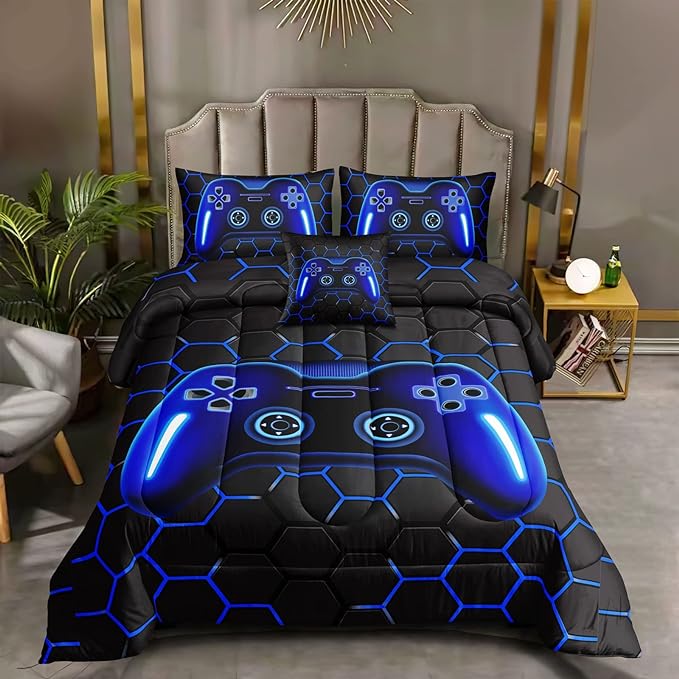6 Pieces Bed in A Bag Gamer Bedding Set for Boys Kids Adult Gaming Comforters Set,Boys Bed in A Bag Set Full Size Comforter with Fitted Shee Flat Sheet Pillowcase pillowsham,DJTH5025Full - LeafyLoom