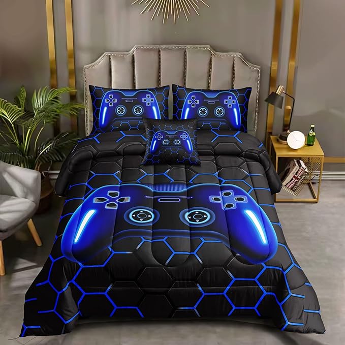 5 Pieces Bed in A Bag Gamer Bedding Set for Boys Kids Adult Gaming Comforters Set,Boys Bed in A Bag Set Twin Size Comforter with Fitted Sheet Flat Sheet Pillowcase pillowsham,DJTH5025Twin - LeafyLoom