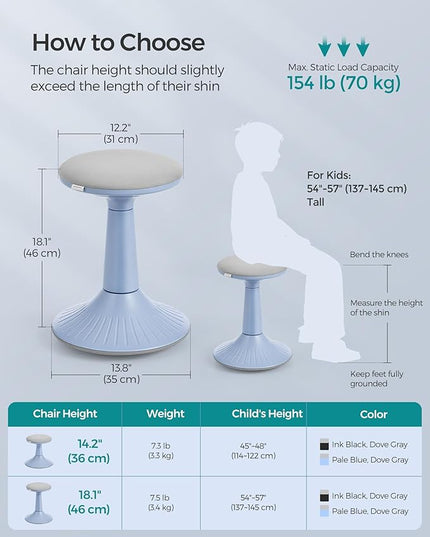 SONGMICS Kids Wobble Chair, Wiggle Stool for Kids Ages 8-12, Comfortable 60D Foam Seat, Breathable Fabric, Anti-Slip Base, 18.1-Inch High, Tool-Free Assembly, Pale Blue and Dove Gray UOSC010Q01 - LeafyLoom