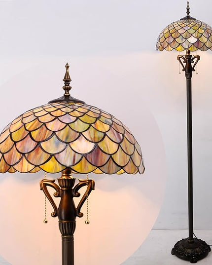 Tiffany Floor Lamp Stained Glass Standing Reading Light 16X16X64 Inch - Brown Fish Scales - LeafyLoom
