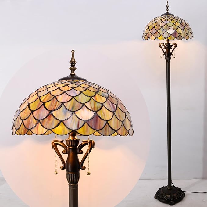 Tiffany Floor Lamp Stained Glass Standing Reading Light 16X16X64 Inch - Brown Fish Scales - LeafyLoom