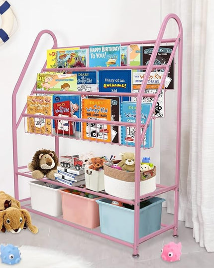 aboxoo Metal Kids Bookshelf Pink Bookcase Freestanding for Children Girls Room 32 inches Large Toddler Pink Stable Bookcase Bookstore Library Book Unit Storage - LeafyLoom