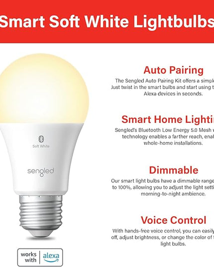 Sengled Alexa Light Bulbs, 100W Equivalent, S1 Auto Pairing with Alexa Devices, Smart Light Bulb that Work with Alexa, Bluetooth Mesh Smart Home Lighting, ‎Warm Light Bulbs, No Hub Required, 4-Pack, Sengled