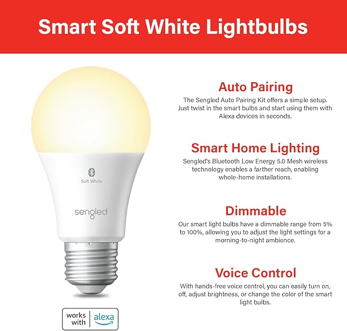 Sengled Alexa Light Bulbs, 100W Equivalent, S1 Auto Pairing with Alexa Devices, Smart Light Bulb that Work with Alexa, Bluetooth Mesh Smart Home Lighting, ‎Warm Light Bulbs, No Hub Required, 4-Pack, Sengled