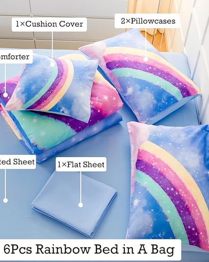 Sky Blue Teen Rainbow Comforter Set Queen Size for Girls, 6 Pieces Galaxy Gradient Bed in A Bag, 3D Galaxy Kids Bedding Comforter Sets with Comforter, Sheets and Pillowcases - LeafyLoom