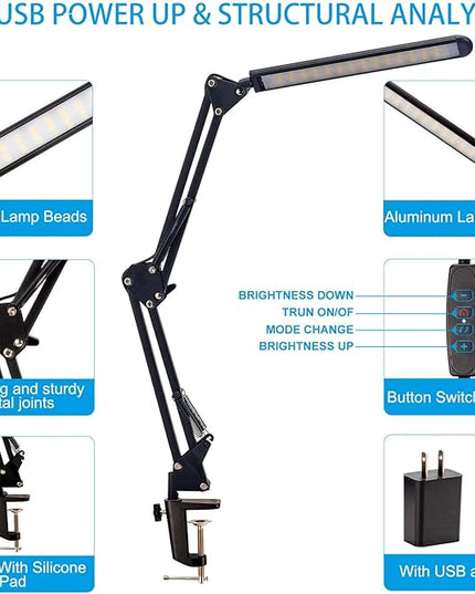 LED Desk Lamp, Metal Swing Arm Lamp, Eye-Caring Dimmable Table Lamp led,Flexible Arm Table Lamp led, 3 Color Modes, 9 Brightness Dimming Reading Light with USB Port - LeafyLoom