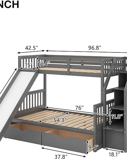 Multifunction Twin Over Full Bunk Bed with Storage Staircase/Two Drawers/Slide/High Guardrail, Solid Wood Bunkbed Furniture for Kids/Teens Bedroom, No Box Spring Needed, Gray - LeafyLoom