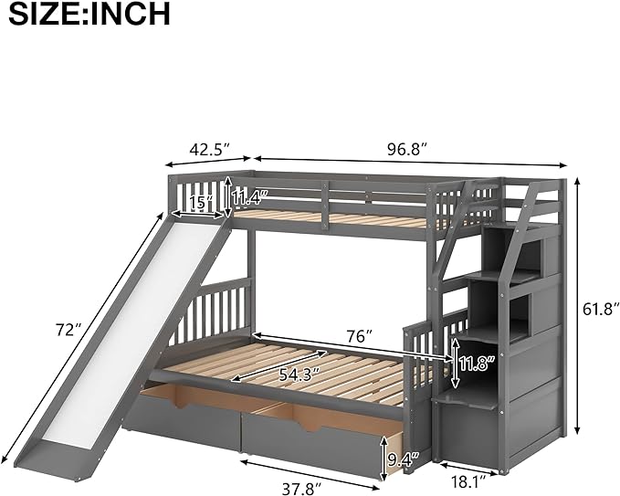Multifunction Twin Over Full Bunk Bed with Storage Staircase/Two Drawers/Slide/High Guardrail, Solid Wood Bunkbed Furniture for Kids/Teens Bedroom, No Box Spring Needed, Gray - LeafyLoom