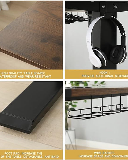 Adjustable Height Electric Standing Desk, 55 x 24 Inch Sit Stand Computer Desk with Lockable Casters, Stand Up Desk Table for Home Office, Black Frame/Rustic Brown + Black Top - LeafyLoom