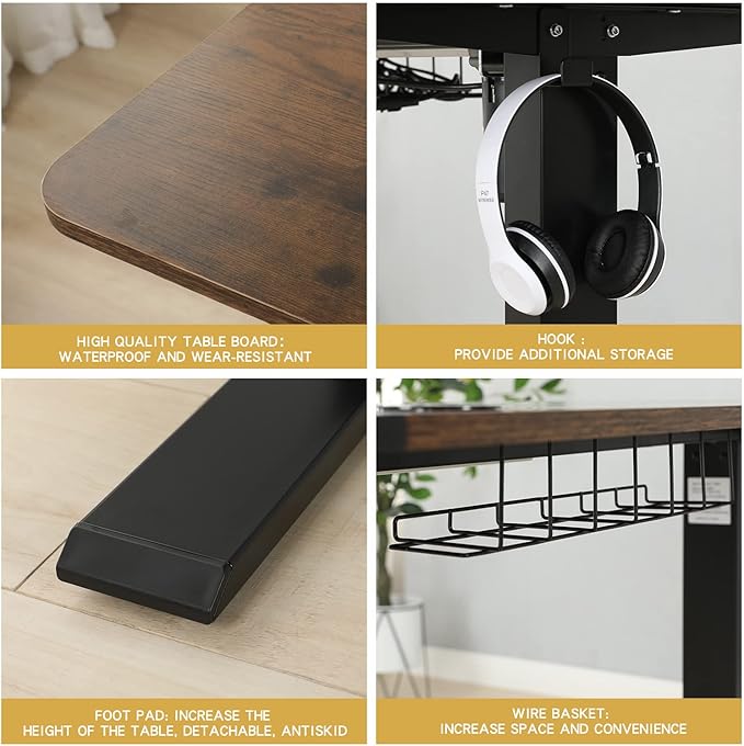 Adjustable Height Electric Standing Desk, 55 x 24 Inch Sit Stand Computer Desk with Lockable Casters, Stand Up Desk Table for Home Office, Black Frame/Rustic Brown + Black Top - LeafyLoom