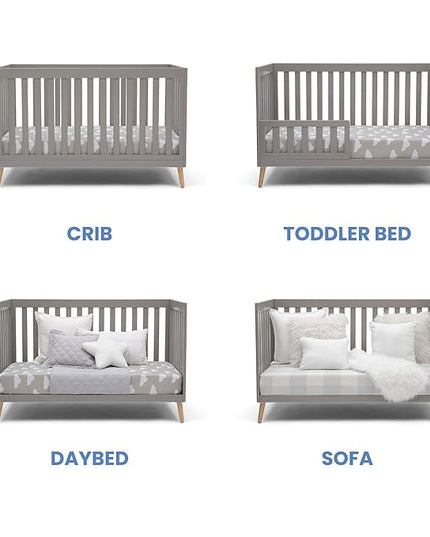 Delta Children Essex 4-in-1 Convertible Baby Crib, Grey with Natural Legs + Delta Children Twinkle Galaxy Dual Sided Recycled Fiber Core Crib and Toddler Mattress (Bundle) - LeafyLoom