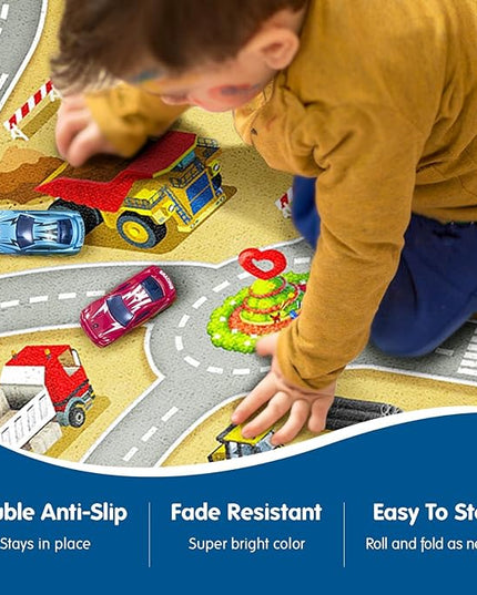 Booooom Jackson Kids Construction Site Play Rug Non-Slip Construction Vehicles Play Mat for Driving Toy Cars Daycare Nursery Preschool Playroom Kids Car Activity Carpet - LeafyLoom