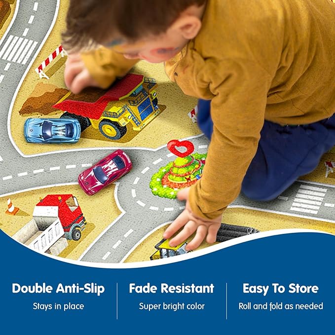 Booooom Jackson Kids Construction Site Play Rug Non-Slip Construction Vehicles Play Mat for Driving Toy Cars Daycare Nursery Preschool Playroom Kids Car Activity Carpet - LeafyLoom