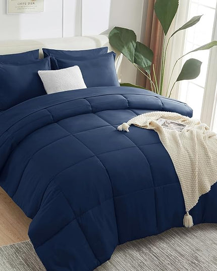 CozyLux Full Size Comforter Sets - 7 Pieces Bed in a Bag Set Navy Blue Full, Complete Bedding Sets Bed Set for All Season with Comforter, Flat Sheets, Fitted Sheet, Pillowcases & Shams - LeafyLoom