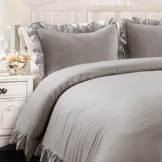 Lush Decor Reyna Ruffle Comforter Set - 3 Piece Cozy Ruffled Bedding Set - Timeless Elegance and Comfort for Bedroom - King, Gray - LeafyLoom