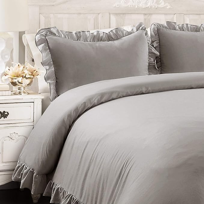 Lush Decor Reyna Ruffle Comforter Set - 3 Piece Cozy Ruffled Bedding Set - Timeless Elegance and Comfort for Dorm Room - Full/ Queen, Gray - LeafyLoom