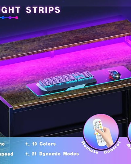 L Shaped Home Office Desk with File Drawes, Gaming Desk with Led Lights & Power Outlets, Reversible Office Desk Rustic Brown - LeafyLoom