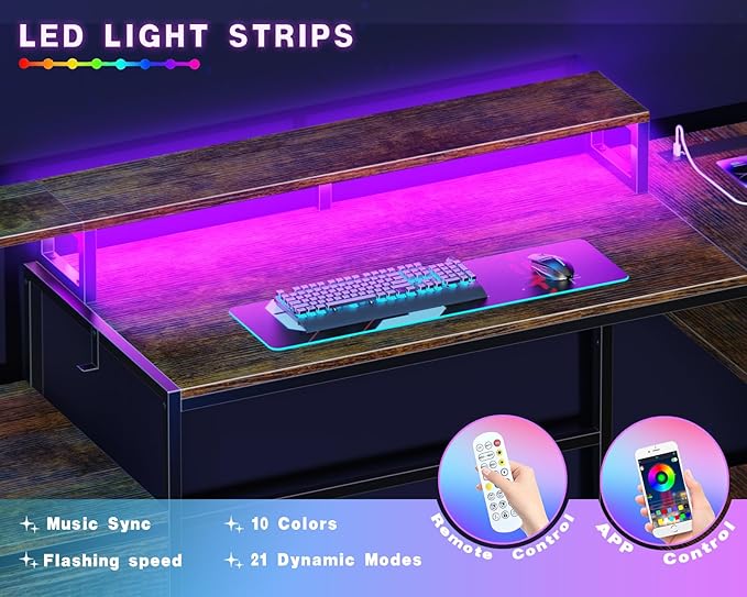 L Shaped Home Office Desk with File Drawes, Gaming Desk with Led Lights & Power Outlets, Reversible Office Desk Rustic Brown - LeafyLoom