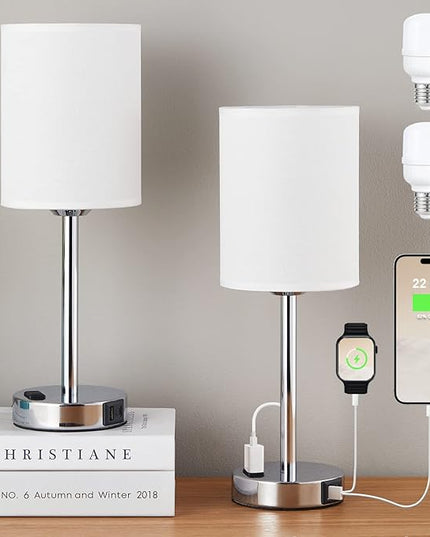 Touch Lamps for Bedrooms Set of 2 White - 3 Way Dimmable Bedside Lamp with USB C and A Ports and Outlets, Modern Nightstand Lamp with Linen Shade and Silver Base, Small Table Lamps for Kids Nursery - LeafyLoom