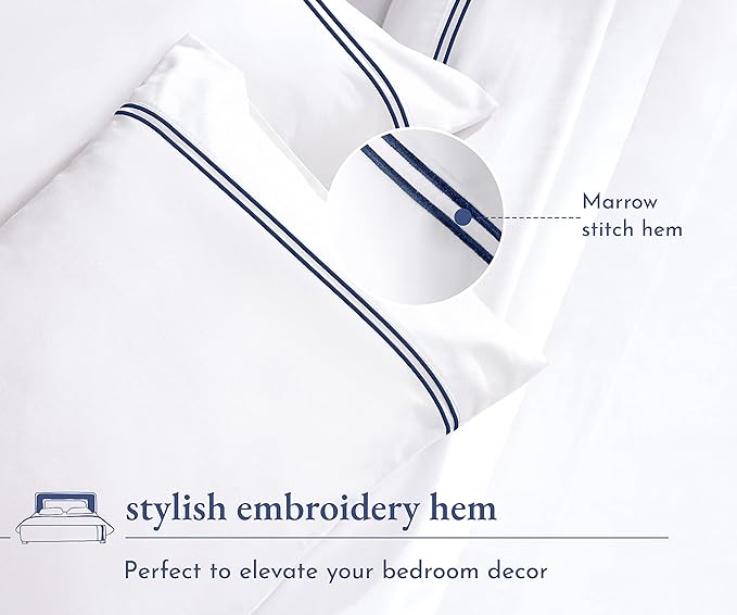 California Design Den Luxury Queen Size Sheet Set - 100% Cotton, 600 Thread Count Deep Pocket Queen Sheets, Hotel-Quality Bedding with Sateen Weave - White Embroidered Navy - LeafyLoom