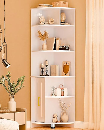 Corner Shelf 6-Tier Corner Bookcase with Drawer, Tall Corner Bookshelf Freestanding White Corner Cabinet Corner Shelves Stand for Wall Corner, Living Room, Home Office, Bedroom, Display Shelf - LeafyLoom