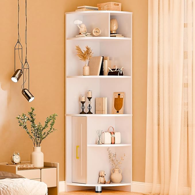 Corner Shelf 6-Tier Corner Bookcase with Drawer, Tall Corner Bookshelf Freestanding White Corner Cabinet Corner Shelves Stand for Wall Corner, Living Room, Home Office, Bedroom, Display Shelf - LeafyLoom