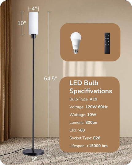 EDISHINE LED Corner Floor Lamp with Glass Lampshade, Modern Dimmable Reading Light with Remote, 65" Standing Tall Lamp for Living Room, Bedroom, Office, Bulb Included (Black) - LeafyLoom