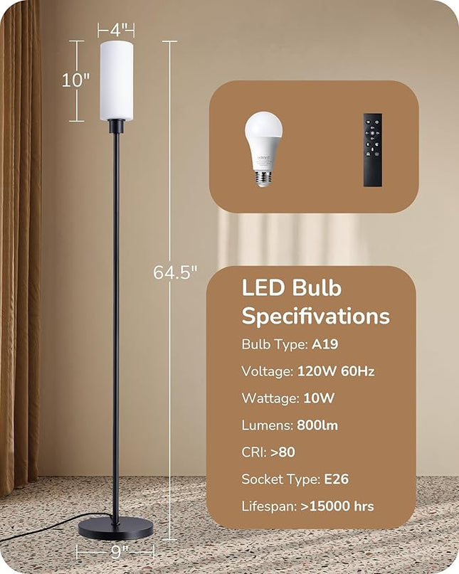 EDISHINE LED Corner Floor Lamp with Glass Lampshade, Modern Dimmable Reading Light with Remote, 65" Standing Tall Lamp for Living Room, Bedroom, Office, Bulb Included (Black) - LeafyLoom