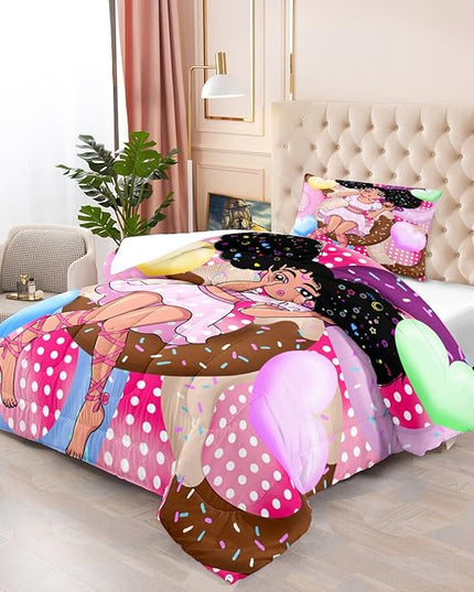 African American Girls Comforter Set Twin - Black Girl Comforter Set - Kids Comforter Sets for Girls Bedroom Decor Pink Donut Girl Pattern Prints 2 Piece Quilt Set with 1 Pillowcase - LeafyLoom