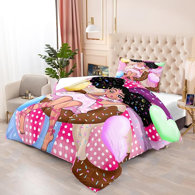 African American Girls Comforter Set Twin - Black Girl Comforter Set - Kids Comforter Sets for Girls Bedroom Decor Pink Donut Girl Pattern Prints 2 Piece Quilt Set with 1 Pillowcase - LeafyLoom