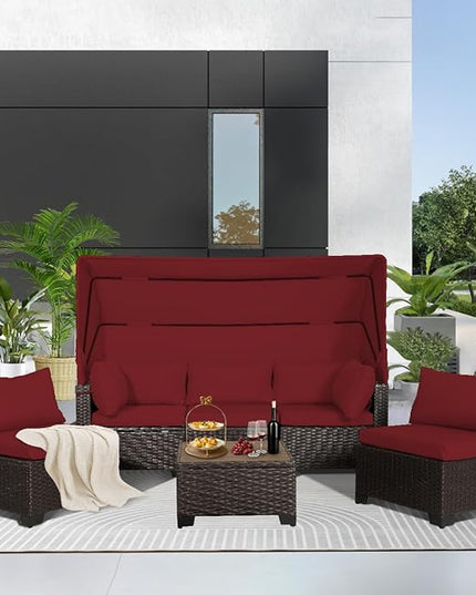 6 PCS Outdoor Patio Furniture Set,Sectional Sofa Set,Rattan Daybed with Retractable Canopy,Adjustable Backrest,Storage Coffee Table,Chaise Chair Sunbed for Porch Garden Poolside Backyard(Red) - LeafyLoom