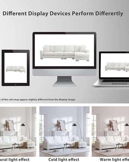 119" Sectional Sofa, L-Shaped Couch Set with 2 Free Pillows and Chaise, 5-seat Chenille Indoor Furniture for Living Room, Apartment, Office, 119inch, White - LeafyLoom