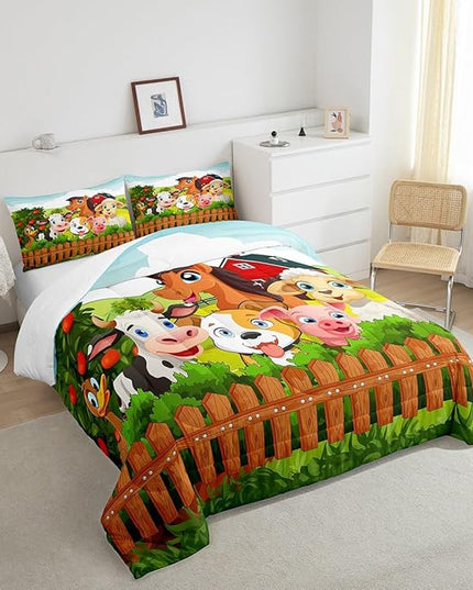 Kids Cartoon Comforter Set Toddler Cute Farm Animals Comforter Cattle Sheep Pigs Dogs Horses Bedding Set for Boys Girls Children Farmhouse Duvet Set Ultra Soft Room Decor Queen Size Colorful Quilt Set - LeafyLoom