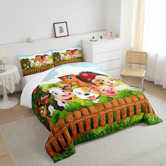 Kids Cartoon Comforter Set Toddler Cute Farm Animals Comforter Cattle Sheep Pigs Dogs Horses Bedding Set for Boys Girls Children Farmhouse Duvet Set Ultra Soft Room Decor Queen Size Colorful Quilt Set - LeafyLoom