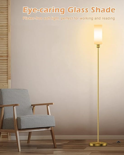 Floor Lamp, Gold Floor Lamp for Living Room, Modern Standing Lamp with Glass Lamp Shade, Vintage 68" Tall Lamp for Home & Office, Reading & Working, E26 Socket(Bulb Not Included) - LeafyLoom