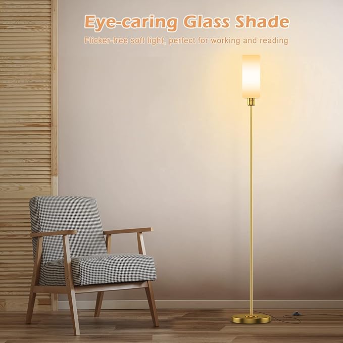 Floor Lamp, Gold Floor Lamp for Living Room, Modern Standing Lamp with Glass Lamp Shade, Vintage 68" Tall Lamp for Home & Office, Reading & Working, E26 Socket(Bulb Not Included) - LeafyLoom