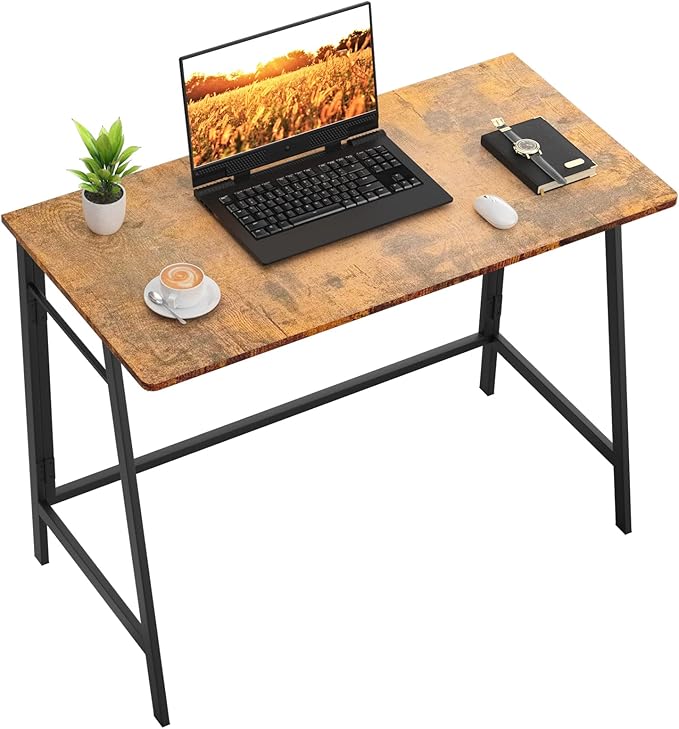 ASTARTH Folding Desk-40 Inch Writing Computer Desk, Space Saving Foldable Table, Modern Simple Style PC Table, Black Metal Frame-Home Office Desk, No Assembly Required, Rustic Brown - LeafyLoom