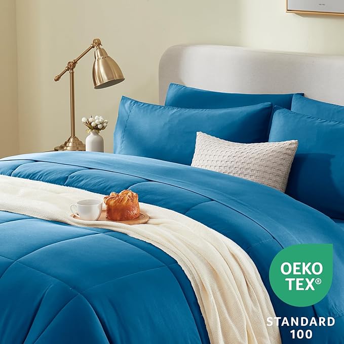 CozyLux Queen Size Comforter Set - 7 Pieces Bed in a Bag Set Teal, Bedding Sets Queen with All Season Quilted Comforter, Flat Sheet, Fitted Sheet, Pillowcases, Teal, Queen - LeafyLoom