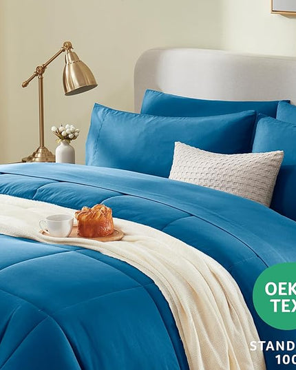 CozyLux Full Size Comforter Set - 7 Pieces Bed in a Bag Set Teal, Bedding Sets Full with All Season Quilted Comforter, Flat Sheet, Fitted Sheet, Pillowcases, Teal, Full - LeafyLoom