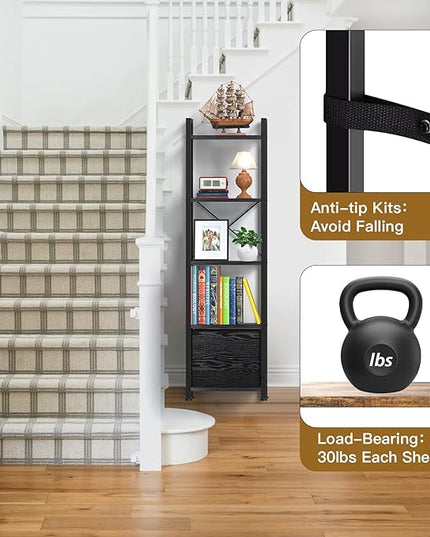 Narrow-Bookshelf-With-Storage-Drawer, 5-Tier Small Standing Book Shelf Organizer For Small Space, Tall Thin Bookcase Shelf For Bedroom Living Room Office, Wooden Shelving Unit Rack For Display - LeafyLoom