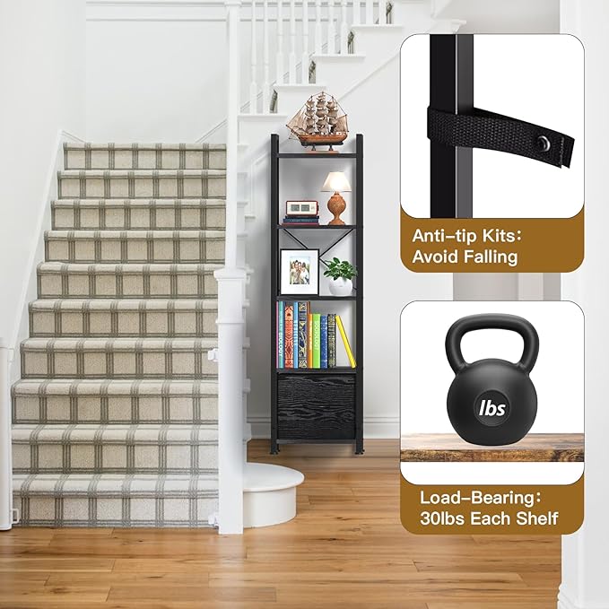 Narrow-Bookshelf-With-Storage-Drawer, 5-Tier Small Standing Book Shelf Organizer For Small Space, Tall Thin Bookcase Shelf For Bedroom Living Room Office, Wooden Shelving Unit Rack For Display - LeafyLoom