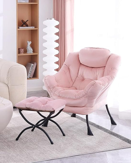 Lazy Chair with Ottoman, Modern Accent Chair Contemporary Lounge Leisure Upholstered Sofa Chair Set with Armrests, Reading Chair for Living Room, Bedroom, Office, Light Pink - LeafyLoom
