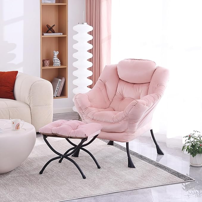 Lazy Chair with Ottoman, Modern Accent Chair Contemporary Lounge Leisure Upholstered Sofa Chair Set with Armrests, Reading Chair for Living Room, Bedroom, Office, Light Pink - LeafyLoom