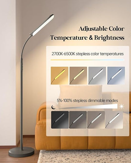 LED Floor Lamp, 18W Super Bright Floor Lamp for Living Room, Adjustable Stepless Colors & Brightness Gooseneck Standing Lamp, Eye Caring Reading Light with Remote& Touch Control for Bedroom Office - LeafyLoom