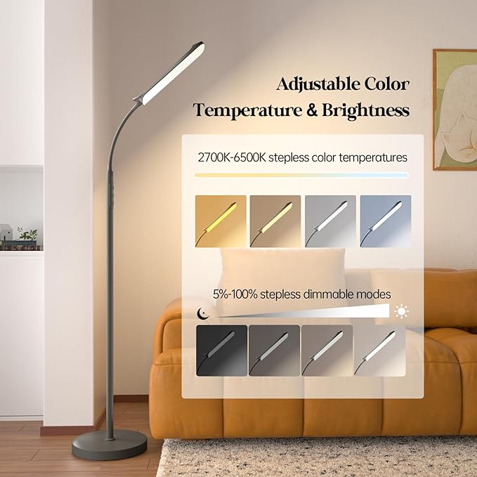 LED Floor Lamp, 18W Super Bright Floor Lamp for Living Room, Adjustable Stepless Colors & Brightness Gooseneck Standing Lamp, Eye Caring Reading Light with Remote& Touch Control for Bedroom Office - LeafyLoom