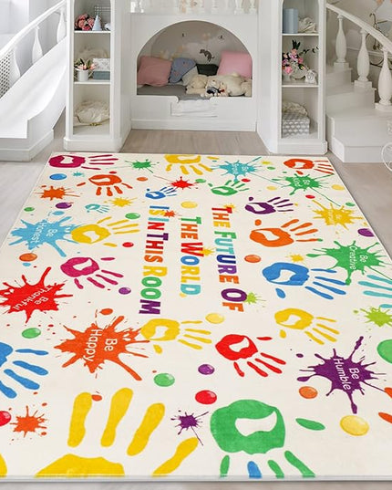 Colorful Kids Rug, Washable Rug for Kids, Handprints Area Rugs for Kids Bedroom, Non-Slip Play Mat Ultra Soft Thick Indoor Plush Rugs for Playroom Classroom Nursery Decor (78.7 X 59 INCH) - LeafyLoom