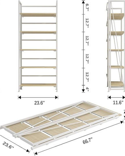 4NM No-Assembly Folding Bookshelf Storage Shelves 5 Tiers Vintage Bookcase Standing Racks Study Organizer Home Office (Natural and White) - LeafyLoom