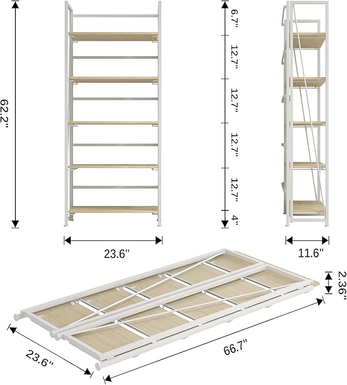 4NM No-Assembly Folding Bookshelf Storage Shelves 5 Tiers Vintage Bookcase Standing Racks Study Organizer Home Office (Natural and White) - LeafyLoom