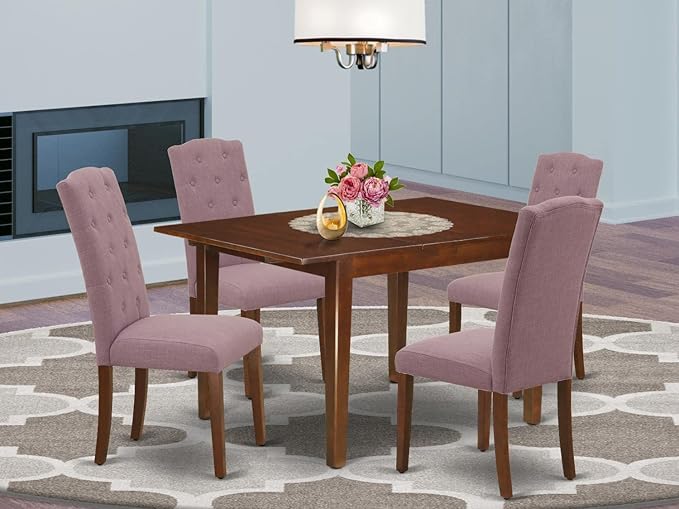 East West Furniture MLCE5-MAH-10 Milan 5 Piece Kitchen Set for 4 Includes a Rectangle Dining Room Table with Butterfly Leaf and 4 Dahlia Linen Fabric Padded Chairs, 36x54 Inch, Mahogany - LeafyLoom