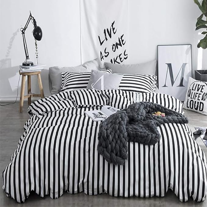 White and Black Stripes Comforter Set Cal King Women Bedding Set Soft Durable White Striated Bedding Set Black Stripes Cal King Quilts Hotel Quality Comforter Girls White Black Stripes Bed Set - LeafyLoom